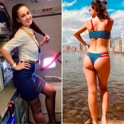 Стеардесса в купальнике на пляже