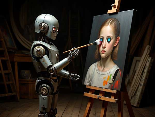 Изображение: ИИ-арт в стиле "Ренессанс", где робот с кисточкой рисует человека с тремя руками и пиксельными глазами