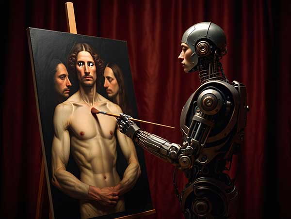 Изображение: ИИ-арт в стиле "Ренессанс", где робот с кисточкой рисует человека с тремя руками и пиксельными глазами