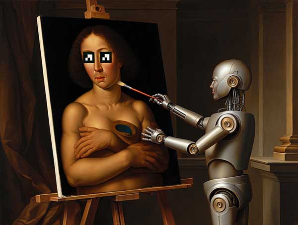 Изображение: ИИ-арт в стиле "Ренессанс", где робот с кисточкой рисует человека с тремя руками и пиксельными глазами