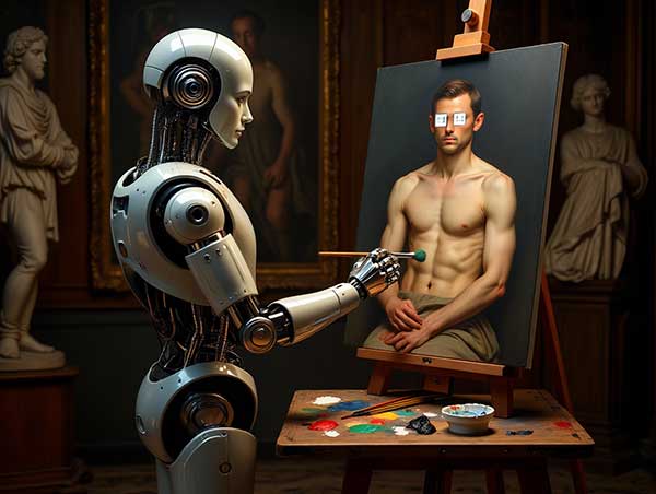 Изображение: ИИ-арт в стиле "Ренессанс", где робот с кисточкой рисует человека с тремя руками и пиксельными глазами