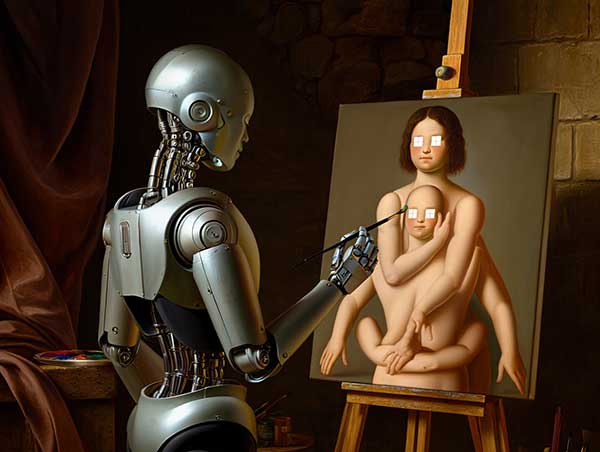 Изображение: ИИ-арт в стиле "Ренессанс", где робот с кисточкой рисует человека с тремя руками и пиксельными глазами