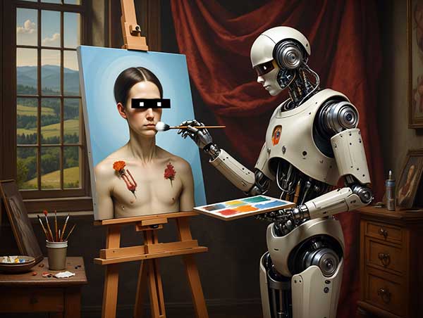 Изображение: ИИ-арт в стиле "Ренессанс", где робот с кисточкой рисует человека с тремя руками и пиксельными глазами