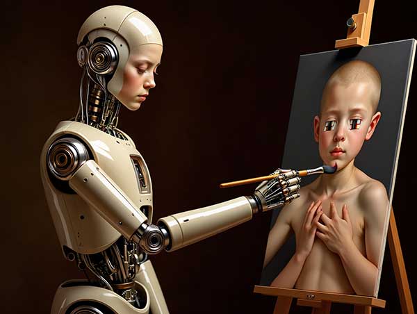 Изображение: ИИ-арт в стиле "Ренессанс", где робот с кисточкой рисует человека с тремя руками и пиксельными глазами
