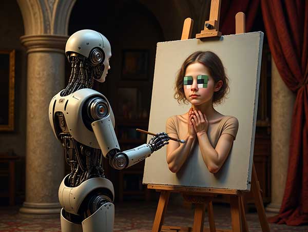 Изображение: ИИ-арт в стиле "Ренессанс", где робот с кисточкой рисует человека с тремя руками и пиксельными глазами
