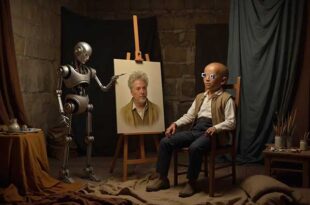 Изображение: ИИ-арт в стиле "Ренессанс", где робот с кисточкой рисует человека с тремя руками и пиксельными глазами