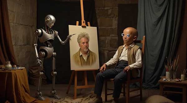 Изображение: ИИ-арт в стиле "Ренессанс", где робот с кисточкой рисует человека с тремя руками и пиксельными глазами