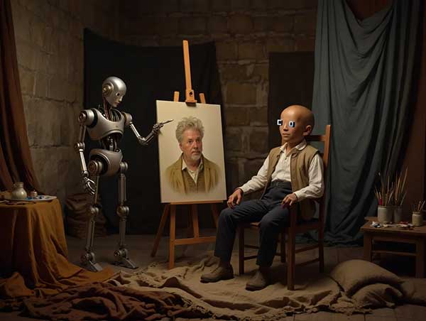 Изображение: ИИ-арт в стиле "Ренессанс", где робот с кисточкой рисует человека с тремя руками и пиксельными глазами