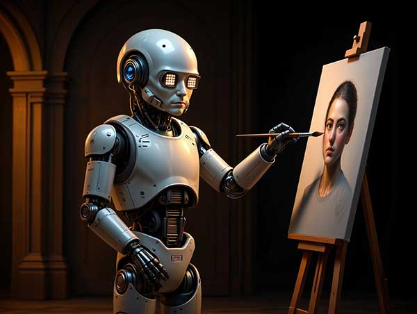 Изображение: ИИ-арт в стиле "Ренессанс", где робот с кисточкой рисует человека с тремя руками и пиксельными глазами