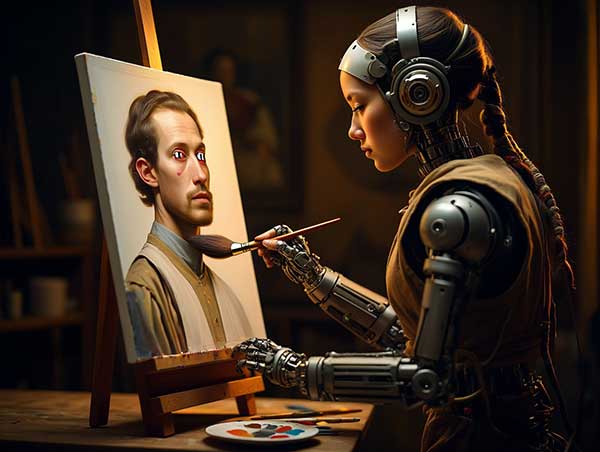 Изображение: ИИ-арт в стиле "Ренессанс", где робот с кисточкой рисует человека с тремя руками и пиксельными глазами